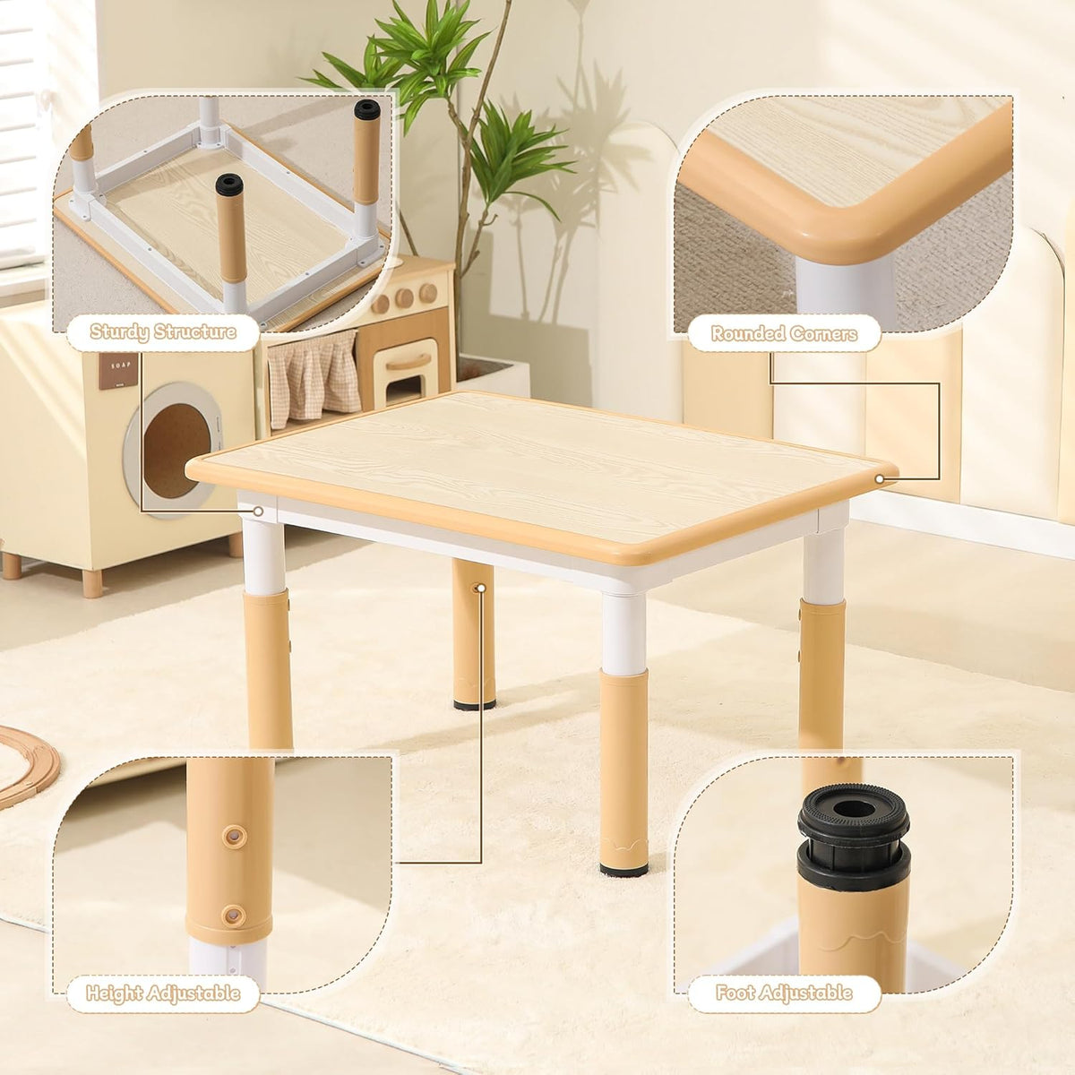 Height-Adjustable Kids Table and Chairs, 31.5''L x 23.6''W Toddler Table and 4 Chairs Set with Anti-Slip Foot Covers, Children Activity Table for Ages 2-10, Graffiti Desktop