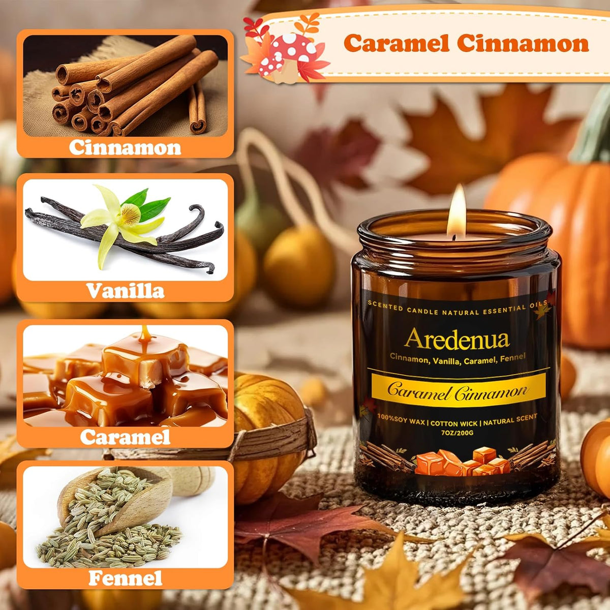 Caramel Cinnamon Candle - Fall Candle | Cinnamon Scented Candles for Autumn, 7oz Fall Soy Candles for Home Scented, 50 Hours Burn Time, Cozy Season/Halloween/Thanksgiving/Autumn Gifts for Women Men
