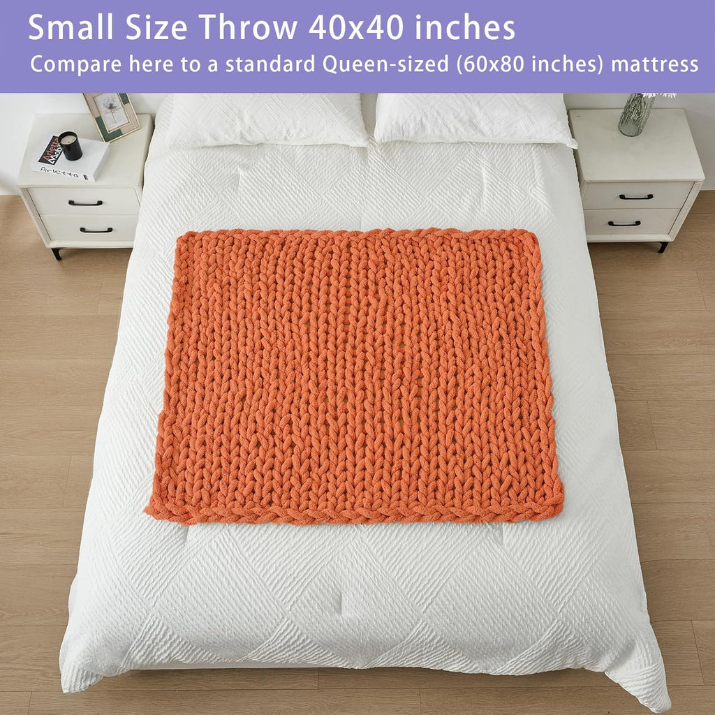Bigacogo Chunky Knit Throw Blanket for Couch, 40x40 inches, 100% Hand Knitted with Thick Jumbo Chenille Yarn, Cozy Soft Large Rope Knot Cable Crochet Blankets for Sofa Bed Living Room, Terracotta