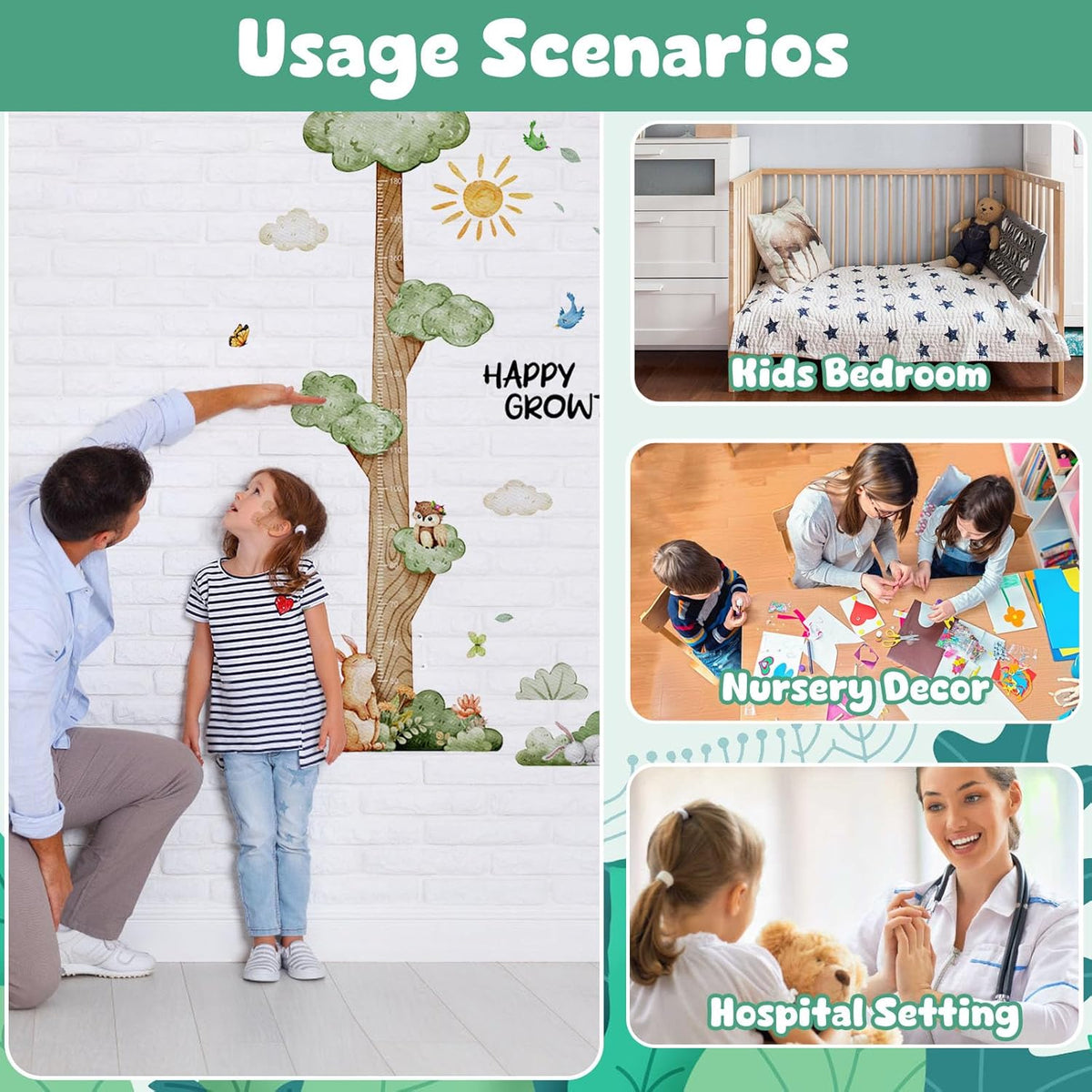 3D Cartoon Height Chart for Kids, DIY Growth Stickers, Removable Height Wall Chart for Kids Nursery, Bedroom, Bathroom