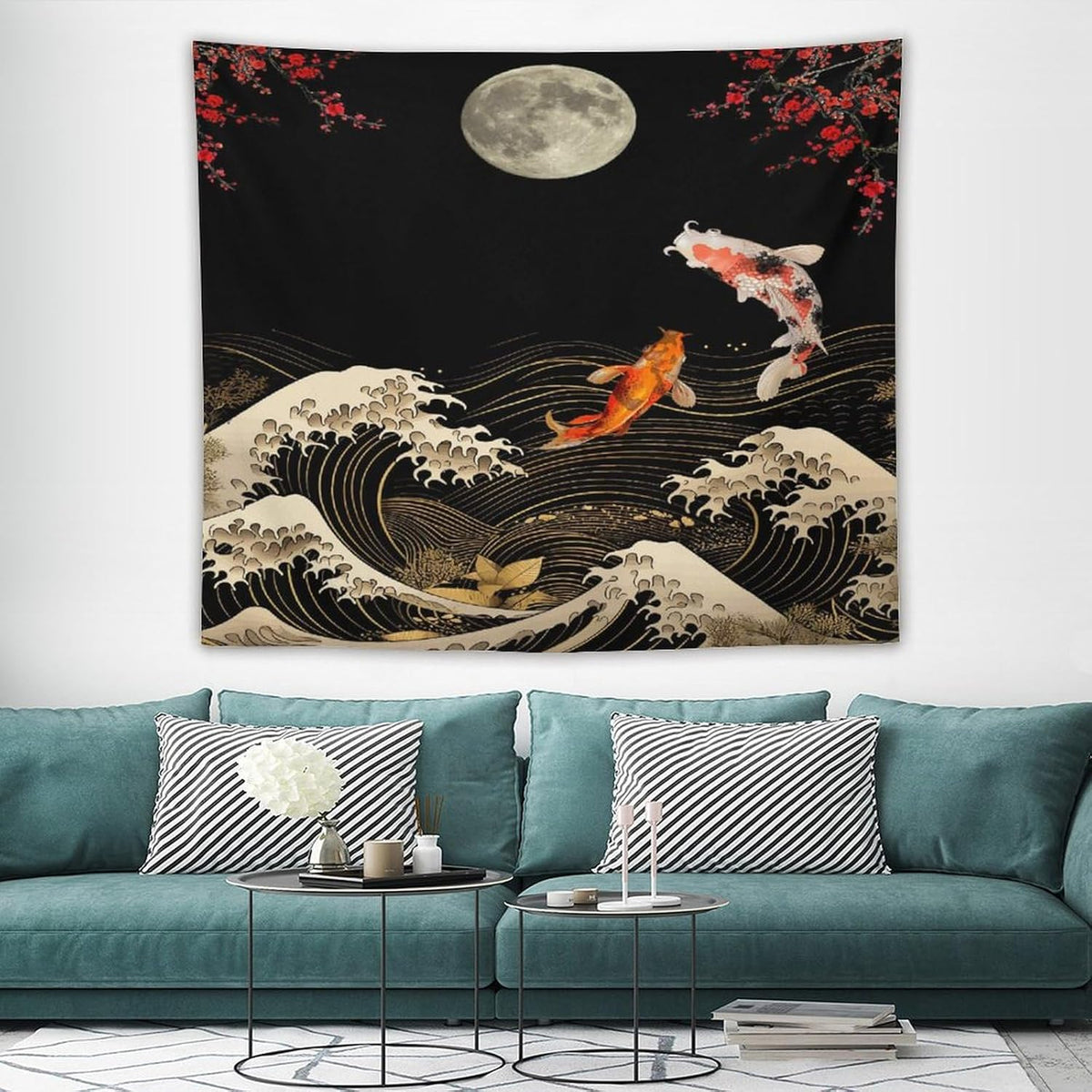 Houselerax Koi Fish Tapestry, Japanese Style Yin Yang Big Wave Cherry Blossom Tapestries Wall Hanging for Bedroom Living Room Office Decor 60"x50"