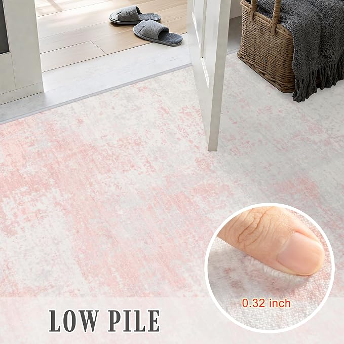 3x8 Washable Runner Rug：Modern Abstract Soft Carpet Pink White | - Image 7