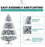 Naomi Home Ginebra 7.5ft Snow Flocked Christmas Tree Prelit with 3266 Branch Tips, 650 Warm Lights and Metal Stand, 59" Wide Realistic Snowy Frosted Christmas Tree with Lights