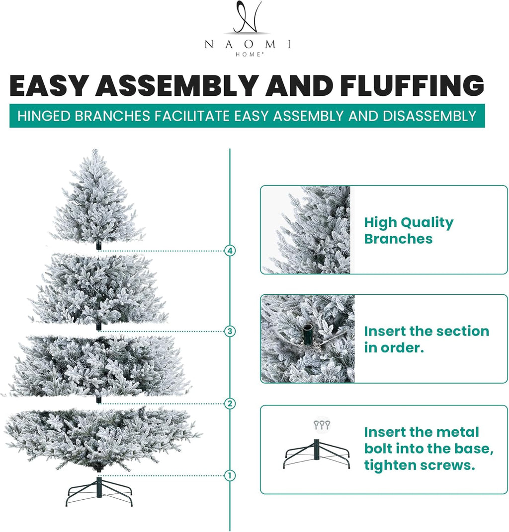 Naomi Home Ginebra 6.5ft Snow Flocked Christmas Tree Prelit with 2456 Branch Tips, 450 Warm Lights and Metal Stand, 52" Wide Realistic Snowy Frosted Christmas Tree with Lights