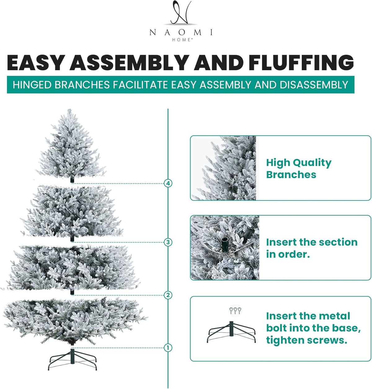 Naomi Home Ginebra 6.5ft Snow Flocked Christmas Tree Prelit with 2456 Branch Tips, 450 Warm Lights and Metal Stand, 52" Wide Realistic Snowy Frosted Christmas Tree with Lights