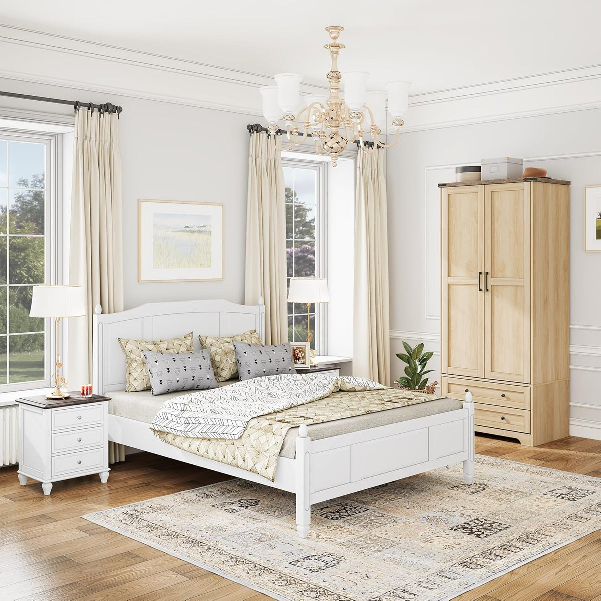 Brafab Armoire Wardrobe Closet with 2 Modern Doors Set of 2, 71" Tall Freestanding Closet Wardrobe Cabinet with Drawers and Hanging Rail, Wooden Storage Cabinet with Shelve for Bedroom,Natural