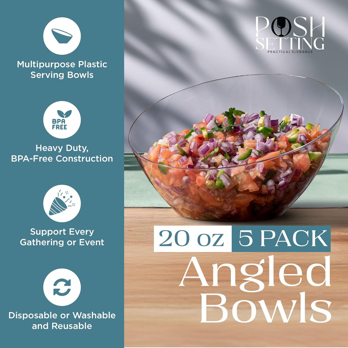 Posh Setting Crystal Clear, Disposable Premium Hard Plastic Medium Angled Bowl, Party, Salad, Snack and Fruit Bowl 5 Pack