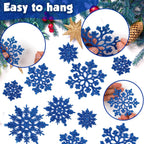 36pcs Christmas Navy Blue Snowflake Ornaments Plastic Glitter Snow Flakes Ornaments for Winter Christmas Tree Decorations Size Varies Craft Snowflakes
