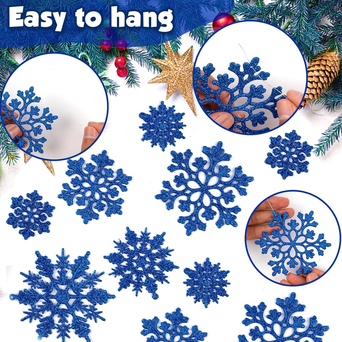 36pcs Christmas Navy Blue Snowflake Ornaments Plastic Glitter Snow Flakes Ornaments for Winter Christmas Tree Decorations Size Varies Craft Snowflakes