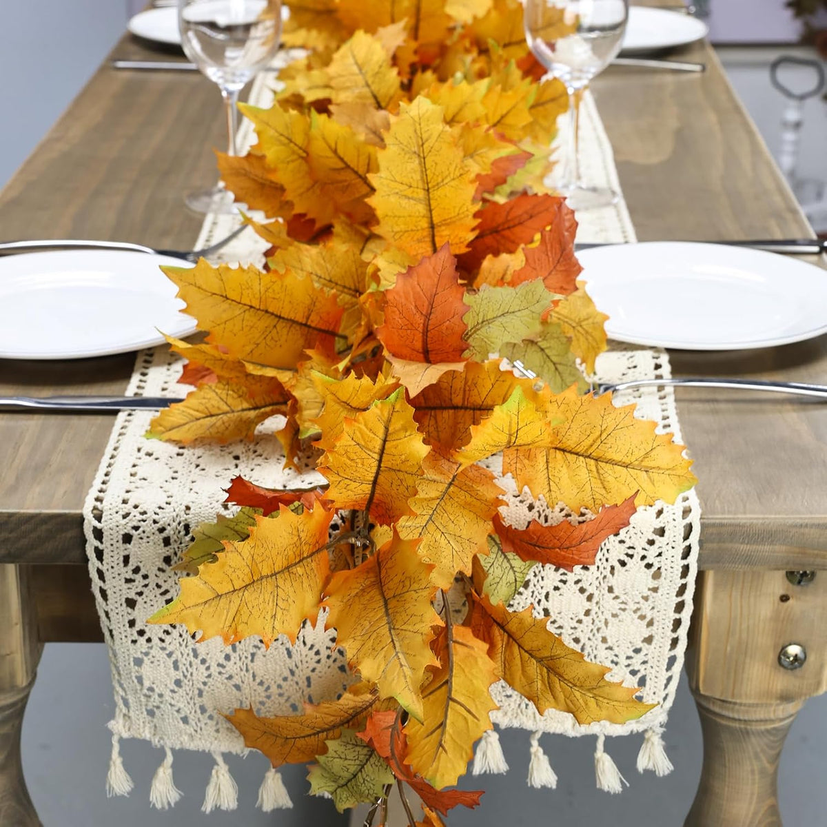 2PC Realistic Fall Garland for Mantle 6FT Fall Leaves Garland With Lights/Timer Fall Decorations for Home Porch Fall Leaf Garlands Autumn Decor for Thanksgiving Outdoor Fireplace Wedding Hanging Table