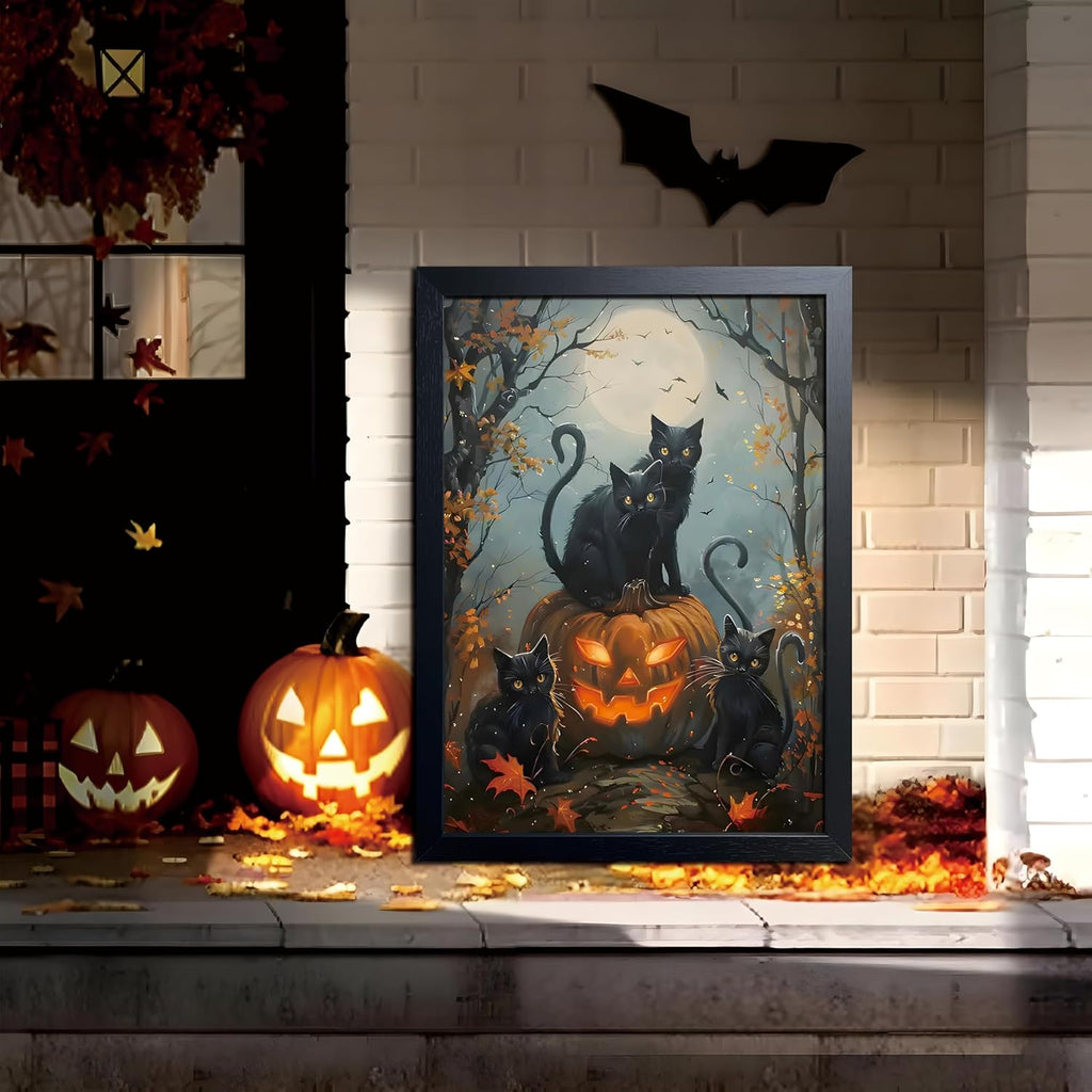Halloween Black Cat Wall Art, Dark Academia Spooky Pumpkin Poster Wall Decor, Vintage Gothic Witchy Cat Canvas Print, for Bedroom Living Room Aesthetic Decor 16x24 Inch Wood Framed