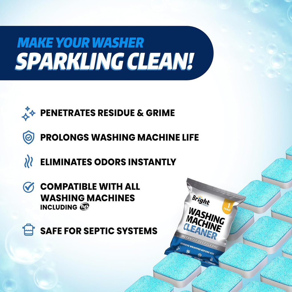 Washing Machine Cleaner Tablets 24 Pack - Deep Cleaning Tablets for Front & Top Load, Works With HE Washers, Removes Residue, Odor & Pet Hair - 12 Month Supply of Washer Cleaner Descalers, Septic Safe