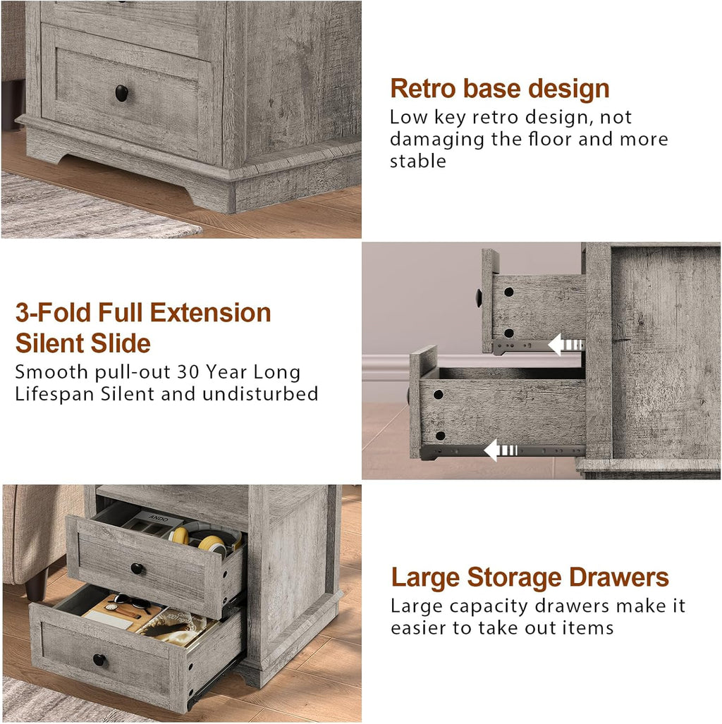 HIFYOBRO End Table with 2 Drawers and Charging Station, Type-C & USB Port & Power outlets, Wooden Storage Cabinet, Large Side Table with Storage for Living Room and Bedroom