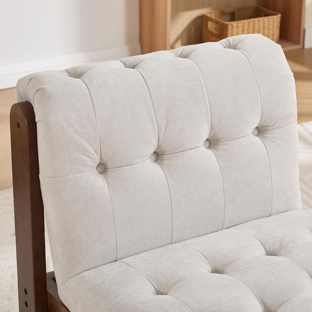 Modern Armless Accent Chair Set of 2 for Living Room, Beige Linen Button Tufted Upholstered Lounge Reading Chair with Walnut Wood Frame