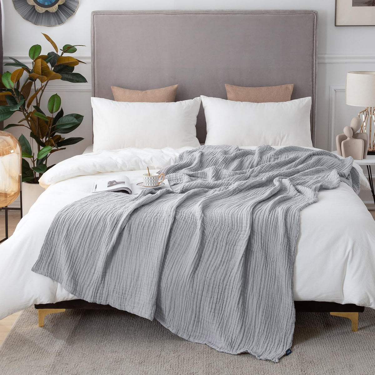 EMME Cotton Throw Blanket for Couch Soft Muslin Blankets 50"x60" Lightweight Breathable Blanket All Season Gauze Blanket, Light Grey