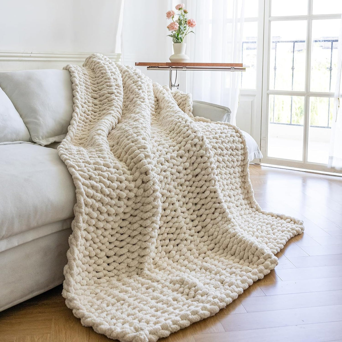 Chunky Knit Blanket - Luxury Soft Cozy 61 * 79 Bold Throw Blanket,100% Woven Blanket Rope Knot Throw Blanket for Couch, Sofa, Home Decor, Gift - Machine Washable（Cream）