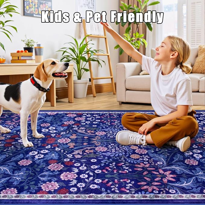 PLHXFR 2.6x10 Washable Runner Rug：Floral Indoor Kitchen Soft Carpet Blue | - Image 6