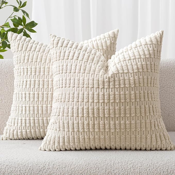 MIULEE Corduroy Decorative Throw Pillow Covers 18x18 Cream White Pack of 2 | by MIULEE