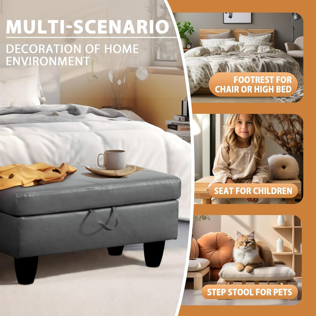 Ottoman Rectangular Storage Ottoman Bench, Faux Leather Footrest, Coffee Table, Stool Footstool with Hinged Lid for Living Room, Bedroom, Entryway, Gray, 28.5"x19"x17.5"