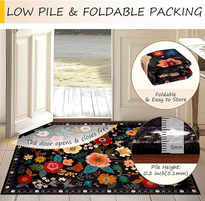 RELEANY Floral Washable 2x3 Area Rugs Doormat Black | Flower Carpet Print Boho - Image 5