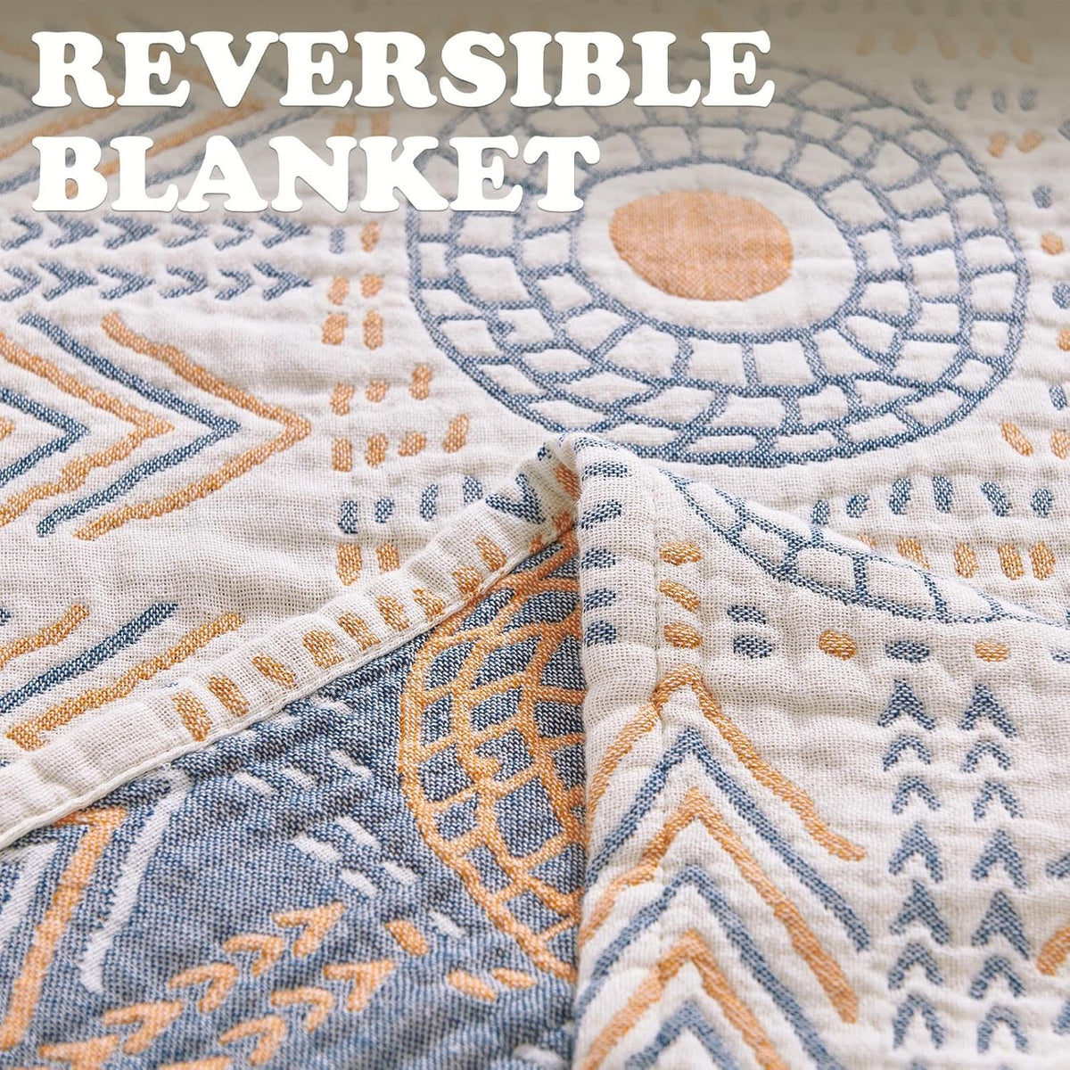 jinchan Boho 100% Cotton Muslin Queen Size 80x90 Throw Blanket Lightweight 4-Layer Orange Reversible Blanket Washable Breathable Geometric Striped Pattern Soft Comfy for Couch Bed Decor All Seasons