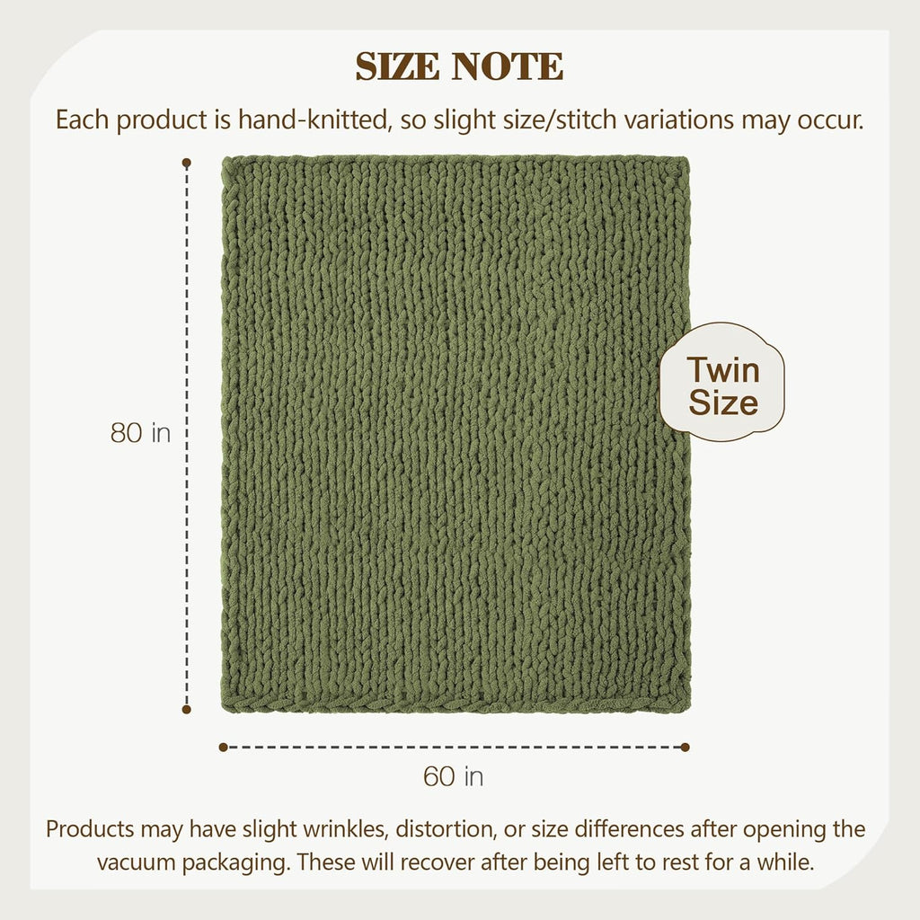 Carriediosa Chunky Knit Throw Blanket 60" X 80" Twin, 100% Hand Made Large Chenille Loop Yarn Soft Fluffy Throws for Couch Sofa Bed, Big Crochet Cozy Heavy Thick Cable Woven Blankets, Olive Green