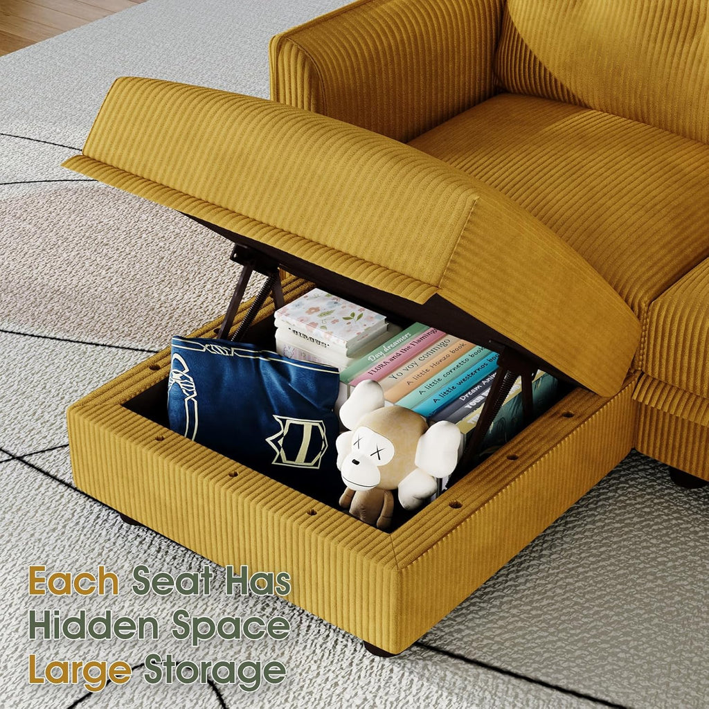 LLappuil Modular Sectional Sofa with Storage Seat, Corduroy Modular U Shaped Sectional Couch for Living Room, 8 Seat Oversized Sofa with 8 Back Cushion 8 Throw Pillow, Yellow