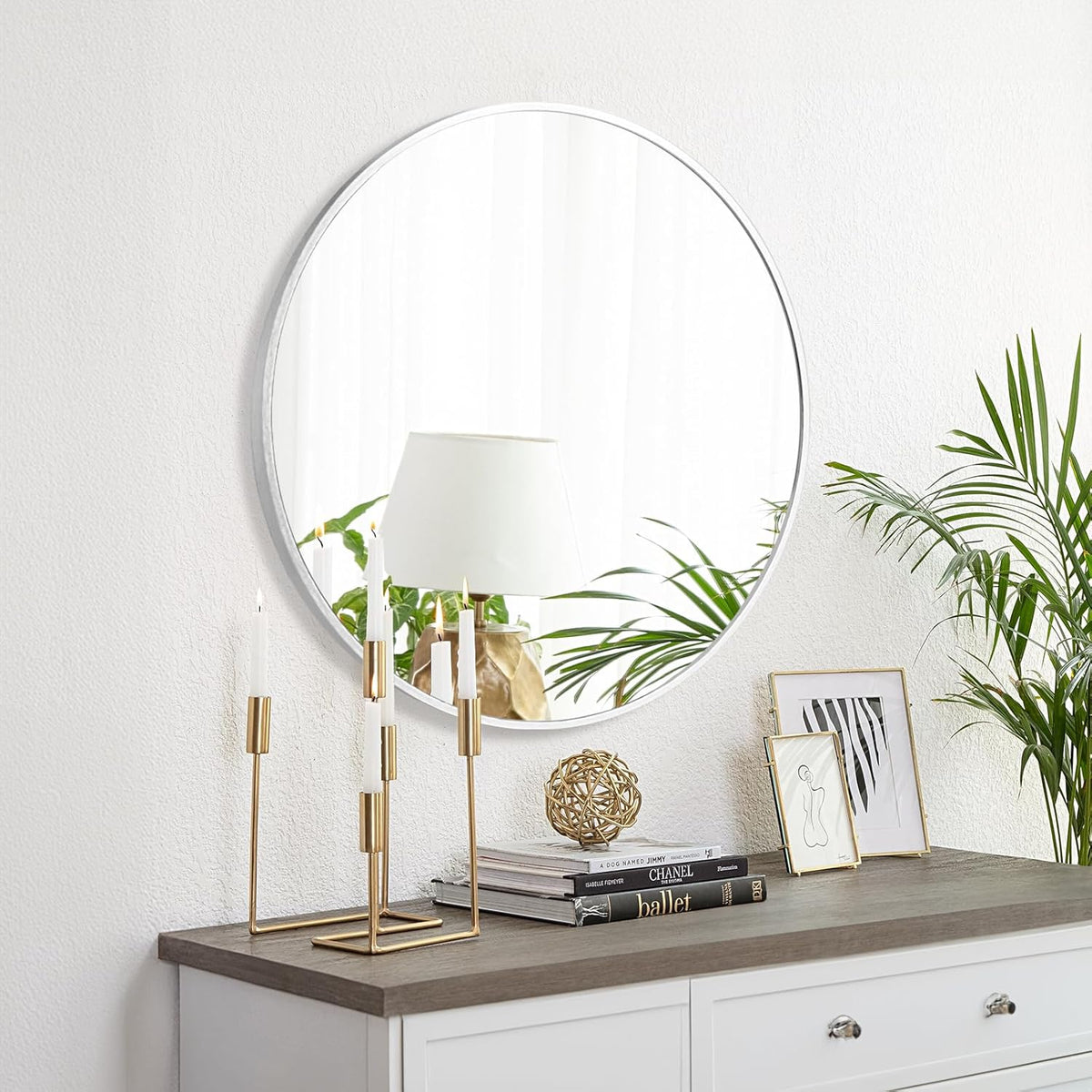 Fabuday Silver Round Mirror 28 Inch - Big Circle Mirror for Bathroom, Living Room, Hallway, Entryway, Matte Aluminum Frame Circular Mirrors for Wall Decor