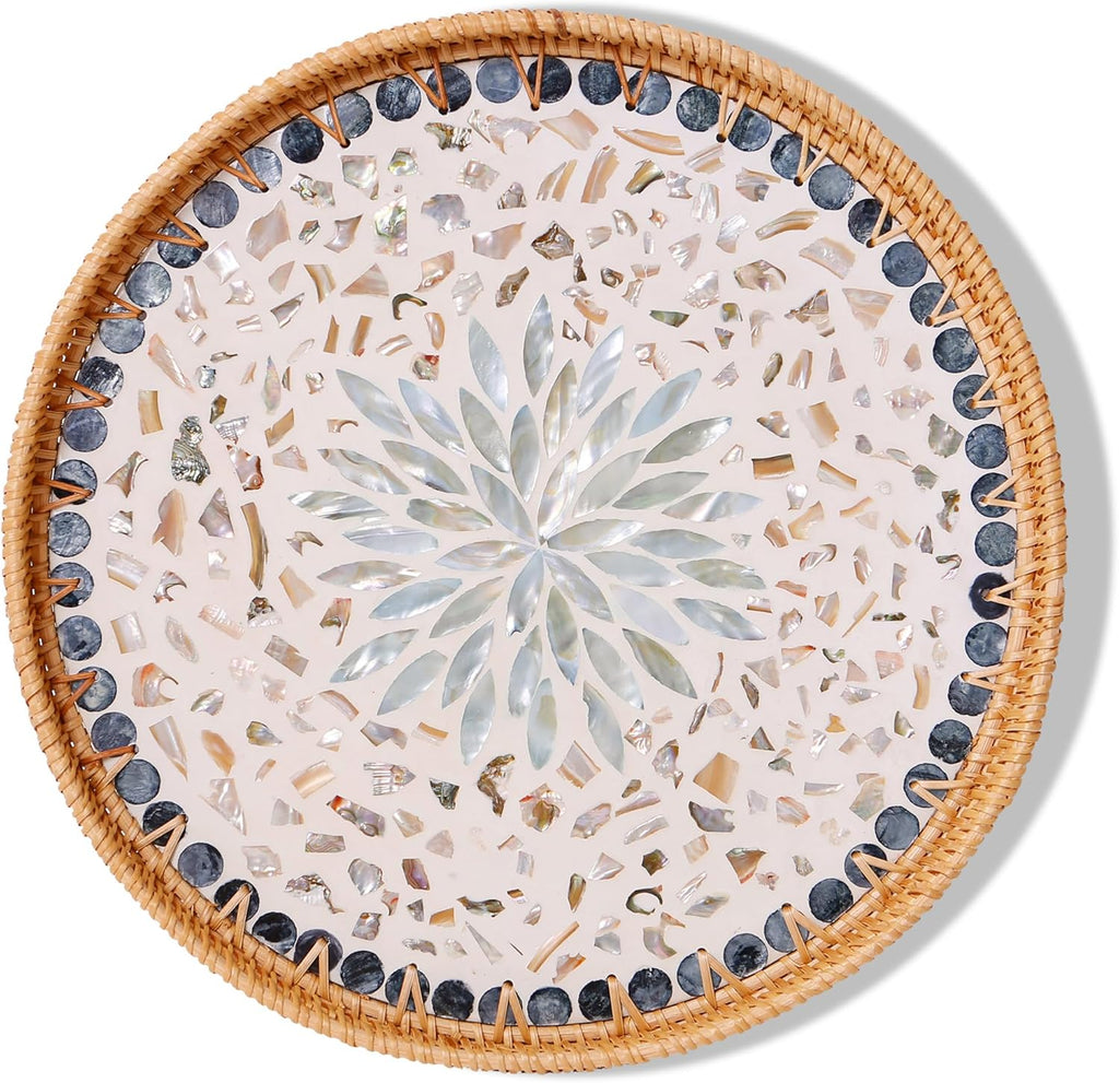 Round Rattan Tray with Mother of Pearl Inlay & Wooden Base - Decorative Wicker Serving Tray for Coffee/Bread/Fruits, Food Storage & Display - Multipurpose Home Decor (M,Fish Scales)