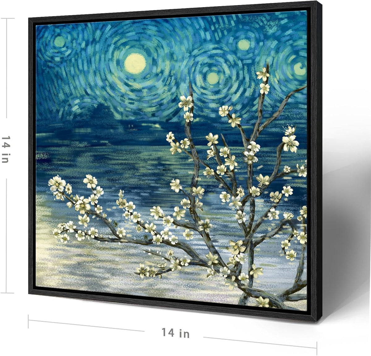 Framed Wall Art Bathroom Décor Modern Floral Tree Canvas Picture Plum Blossom Starry Night Flower Canvas Print Abstract Lake Blue Teal Yellow Painting for Modern Living Room Bedroom Office Décor Small