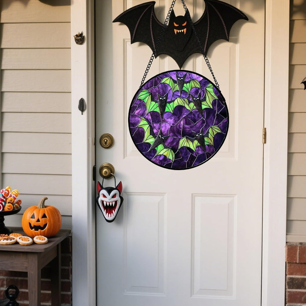 Stained Glass Window Hanging - Halloween Decorations Black Bat with Green Wings Suncatcher for Doors Garden Indoor Spooky Sun Catchers Gothic Decor Horror Gifts for Women Men Friend 9.8 in