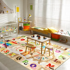 6x9 Playroom Rugs for Kids Washable, Educational and Fun Playmat with ABC Alphabet Animals Shapes Colors, Non-Slip Play Mat Learning Rugs for Baby Toddler Children Game Activity，Beige, Pink