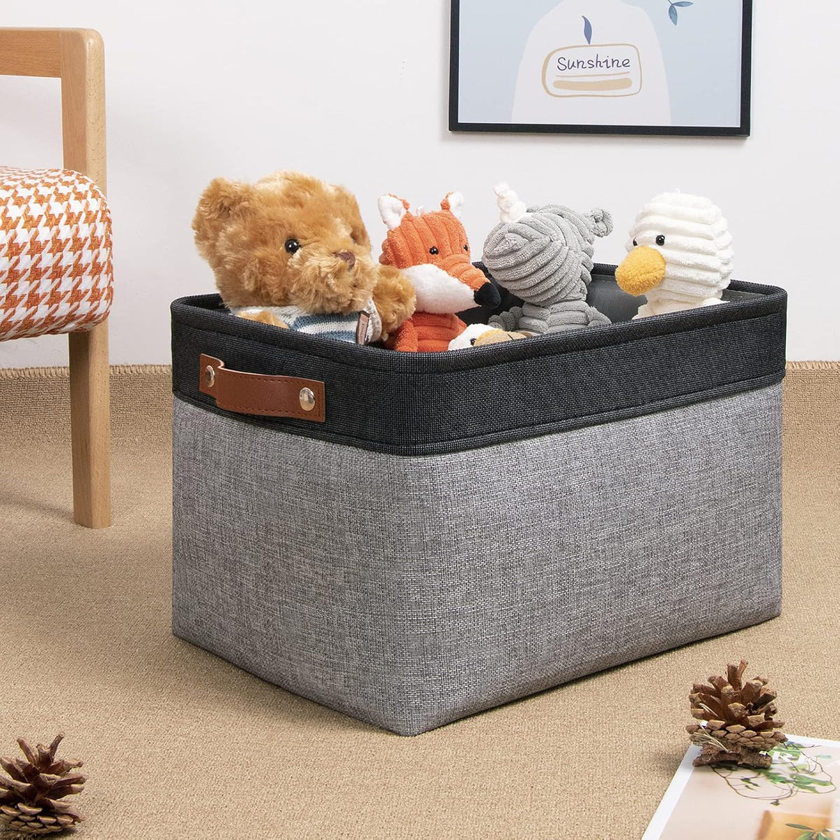 DULLEMELO Fabric Baskets for Storage, Rectangular Fabric Storage Bins Collapsible, Perfect for Shelves, Closets, Nursery, Empty Gift Baskets (3-Pack Medium-15 inch X 11 inch X 9.5 inch , Black&Grey)