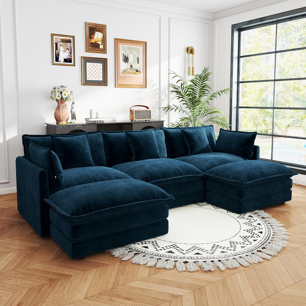 Sectional Sofa 3 Seater with Movable 2 Ottomans,Oversized Modular Couch Deep Seat (Blue, 111.5 inch-U)