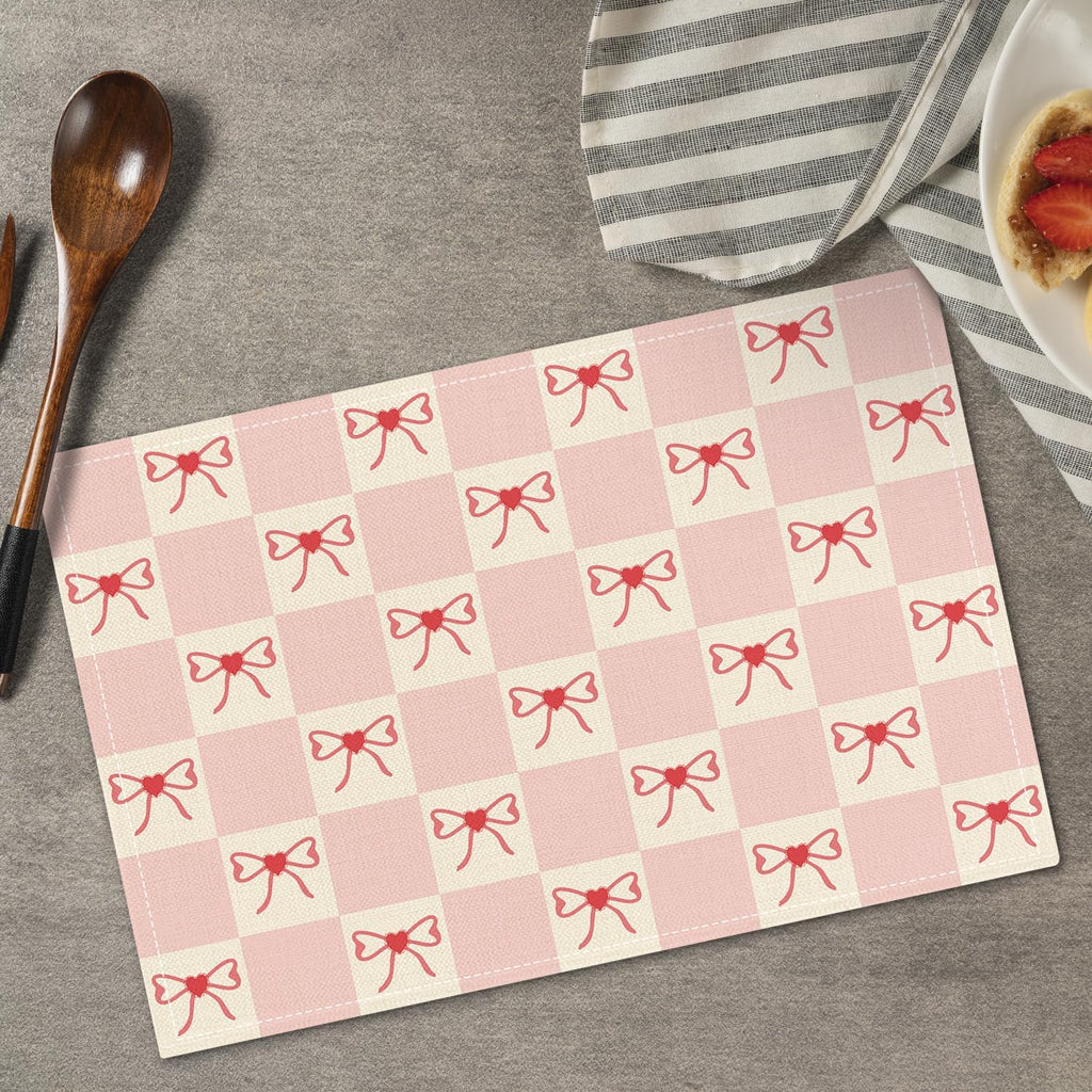 Pink Bow Placemats Set of 4, Table Mat for Home Kitchen, Restaurants, Outdoor Linen Washable Place Mats 12x18 inch Party Event Dining Decoration-03