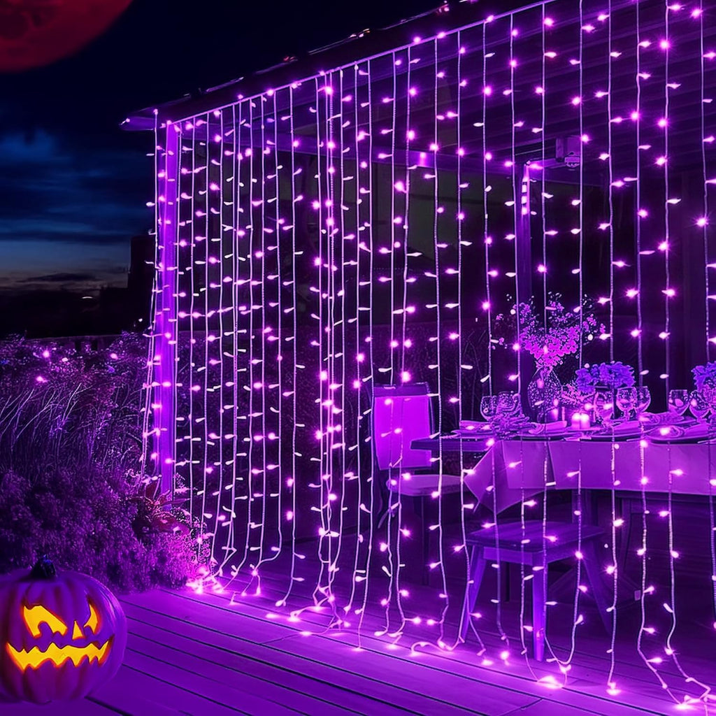 Dazzle Bright 300 LED Curtain String Lights, Halloween Fairy Lights for Bedroom with 8 Lighting Modes, Connectable Waterproof Window Light Party Wedding Garden Wall Decor, Purple