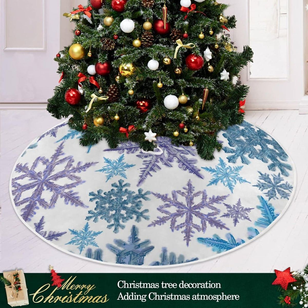 Christmas Purple Blue Snowflake Tree Skirt, Seasonal Tree Mat Holiday Party Supplies Ornaments Indoor Outdoor Decorations for Tabletop Trees 35.4 Inches