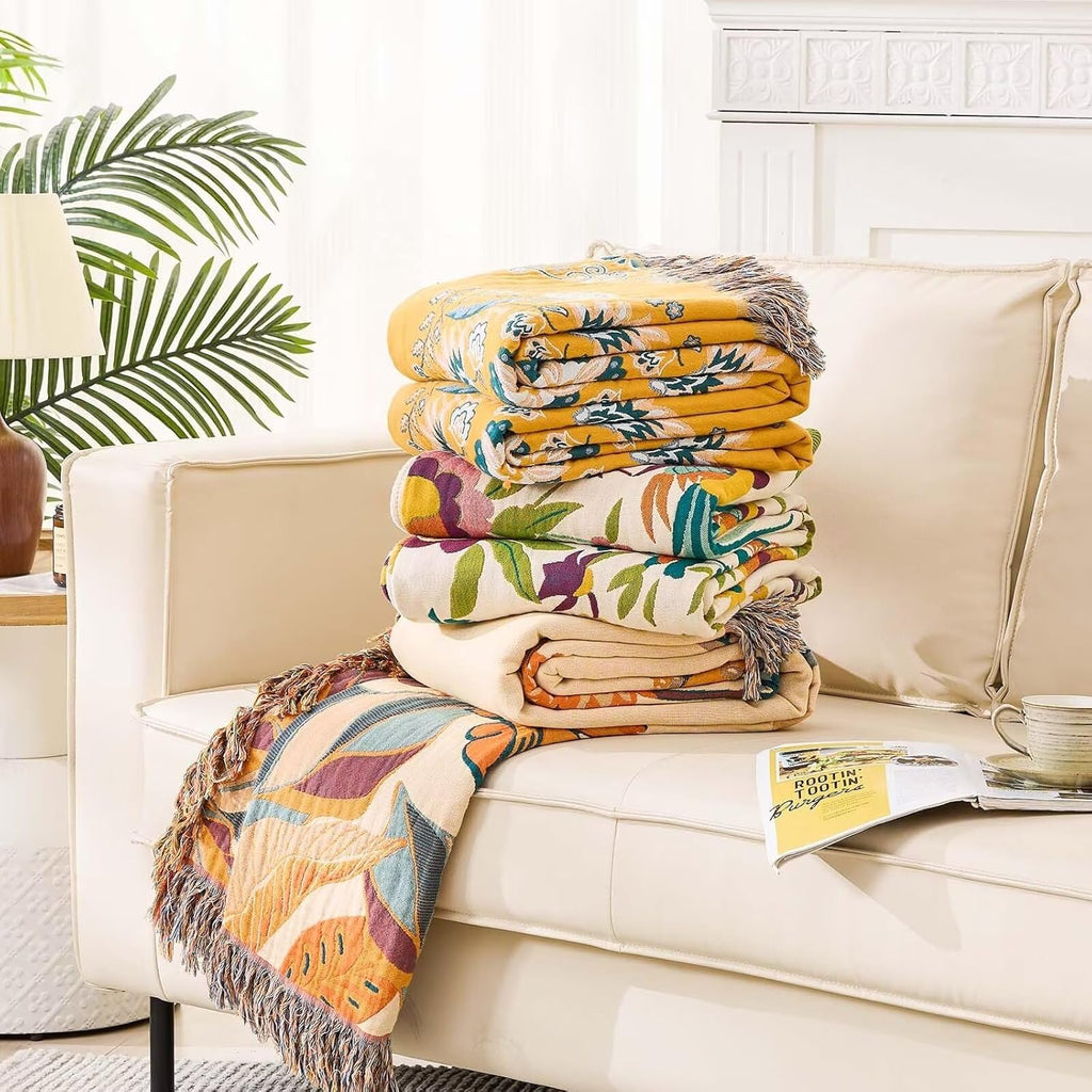 Boho Throw Blanket, 100% Cotton Ultra Soft Luxury Throw Rustic Quilt, Floral Printed Farmhouse Decor Bed Summer Blankets, All Season Rustic Reversible Bohemian Throw for Bed (60"x80" Yellow