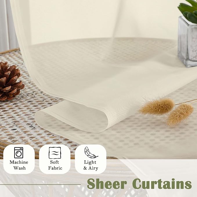 Cream Sheer Curtains 108 Inches Long 2 Pcs, Dual Rod Pocket Home Decor Living - Image 8