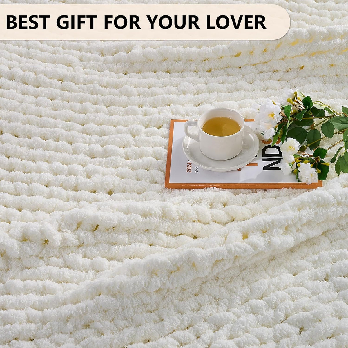 L'AGRATY Chunky Knit Blanket Throw: Soft Chenille Yarn Throw Blanket 50x60 - Handmade Thick Cable Crochet Blanket - Large Chunky Rope Throw Blanket for Couch Sofa Bed Home Decor(Cream White)