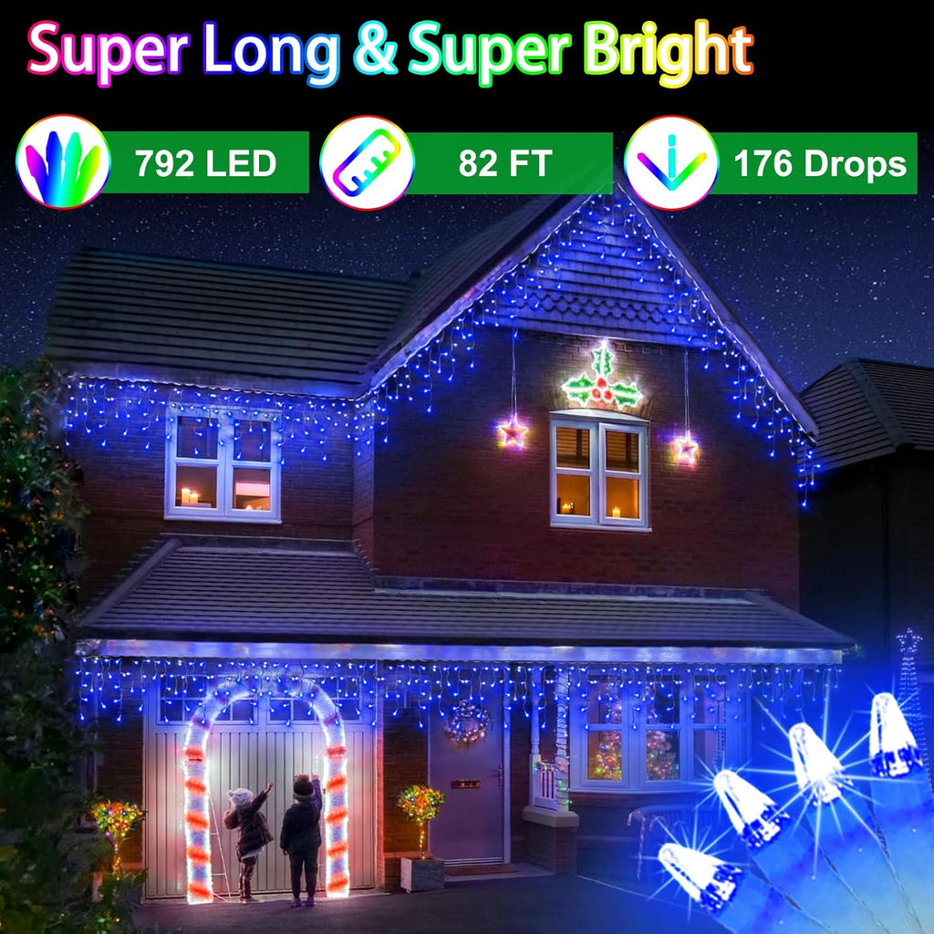 792 LED Christma Lights with 176 Drops, 82ft Outdoor Hanging lights with 8 Modes & Timer Memory, Outsite Waterproof Curtain String Lights for Front House Fence Tree Holiday Decorations Decor Blue