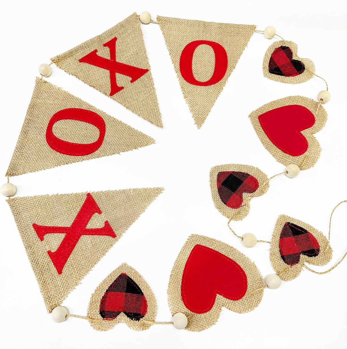 Valentine’s Day Party Decorations Felt XOXO Sign Triangle Pennant Banner Flag Buffalo Plaid Red Black Heart Burlap Garland with Wood Beaded for Wedding Birthday Valentine’s Day Party Supplies