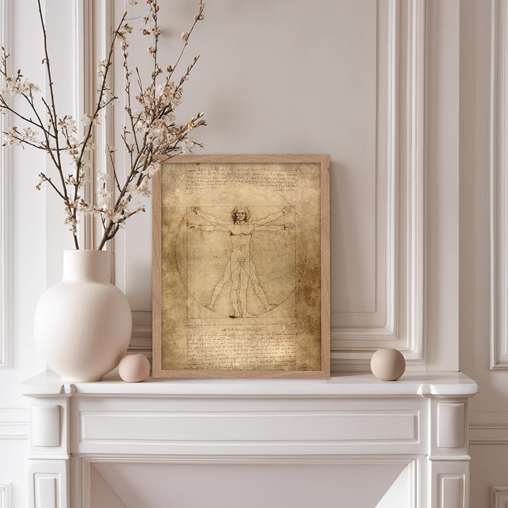 Poster Master Classic Leonardo Da Vinci Poster - Vintage Renaissance Print - Gift for Artist, Friend - Vitruvian Man, Proportion, Symmetry, Human Body - Wall Decor for Office, 8x10 Beige Framed
