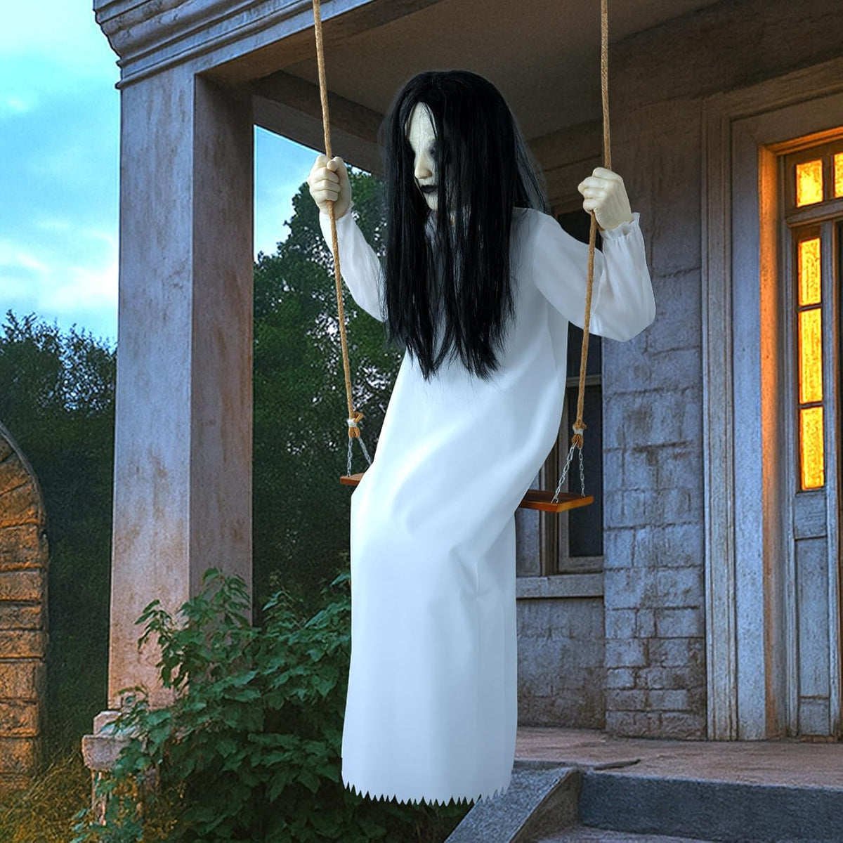 Halloween Decorations Outdoor Indoor Haunted Swinging Girl, Scary Ghost on Swing for Yard Porch, Creepy Motion Easy to Hang