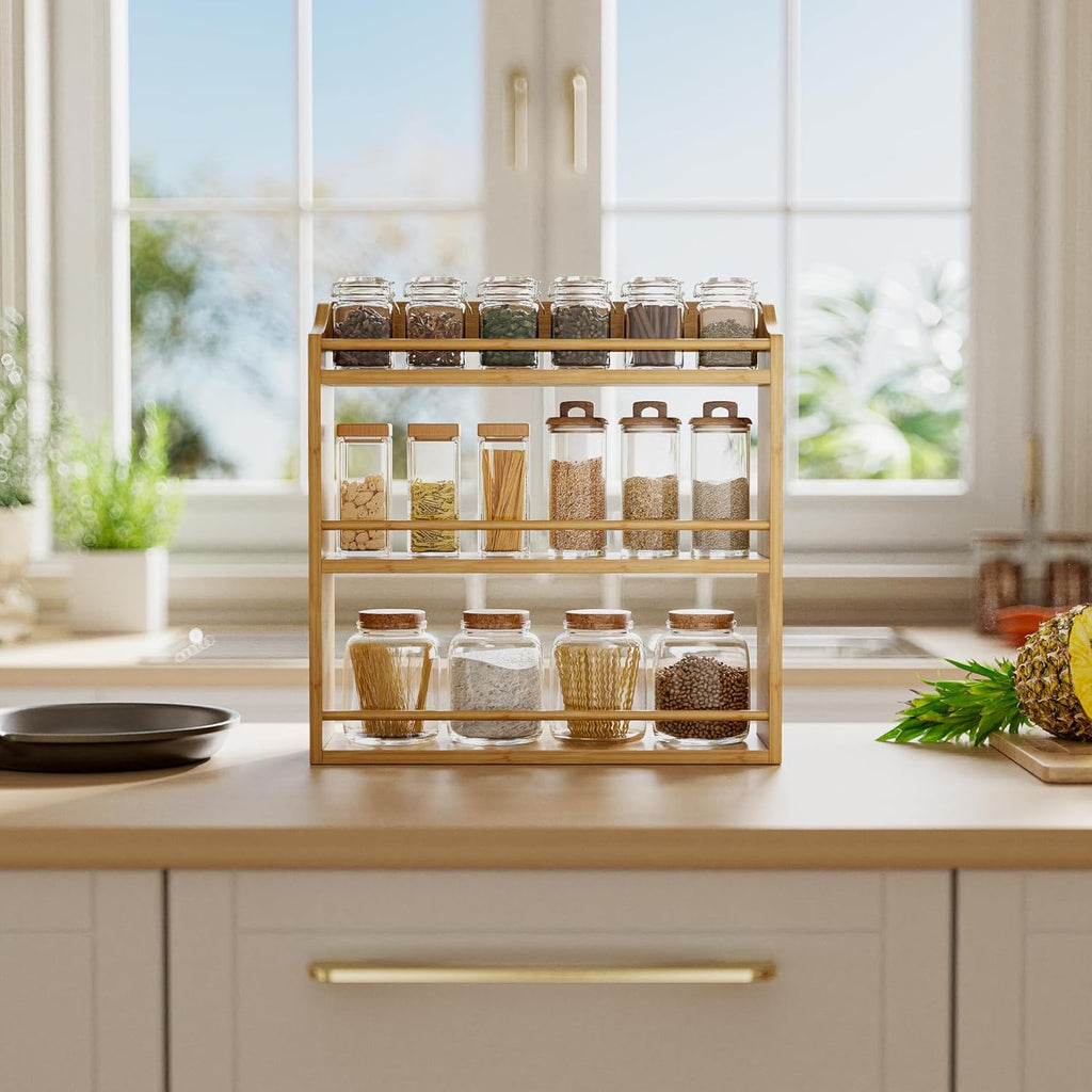 Spice Rack Wall Mounted, Spice Organizer for Counter, Bamboo Spice Storage Holder for Kitchen Cabinet, Pantry (Spice Jars Not Included, Natural)