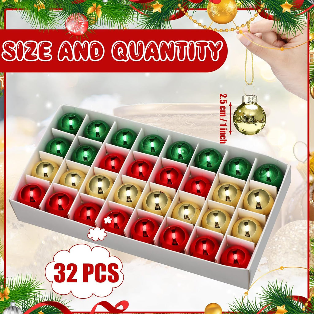 Tioncy 32 Pcs 1 Inch Mini Glass Christmas Ornaments Balls Shiny Christmas Balls Tiny Tree Hanging Decoration Small Colorful Ball Pendant for Xmas Party Supplies(Red, Green, Gold)