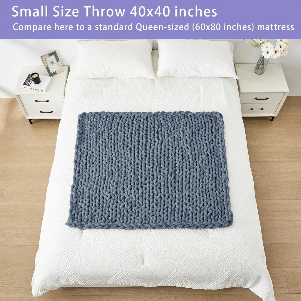 Bigacogo Chunky Knit Throw Blanket for Couch, 40x40 inches, 100% Hand Knitted with Thick Jumbo Chenille Yarn, Cozy Soft Large Rope Knot Cable Crochet Blankets for Sofa Bed Living Room, Cold Sea Blue