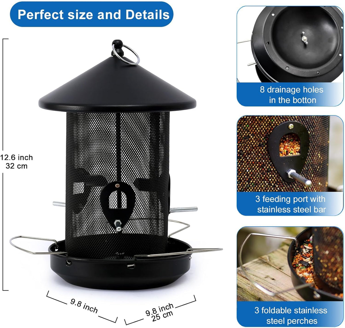 Large Bird Feeders for Outside: 12.6inch Metal for Outdoors Hanging with Black for Garden Yard Outside Decor Cardinal Finch -