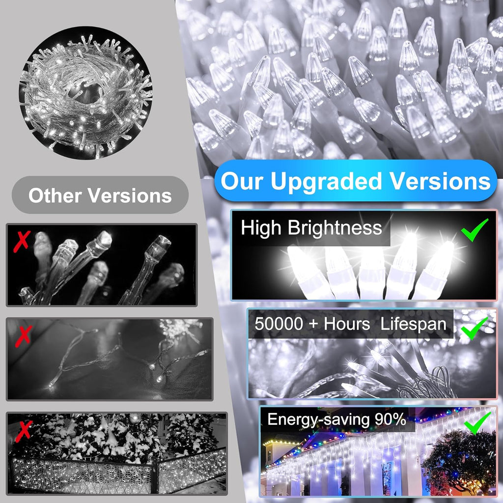 504LED 50ft Christmas Lights, 112Drops 12 Modes Cool White Christmas String Lights Outdoor Dimmable, Waterproof Christmas Decoration Fairy Lights with Timer for Indoor Eaves Party Patio Window Fence