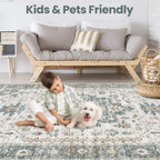 Washable Area Rugs for Living Room - 7x9 Neutral Vintage Distressed Floral Farmhouse Boho Large Soft Floor Rug Indoor Non Slip Carpet for Living Room Bedroom Dining Room Office - Green/Grey